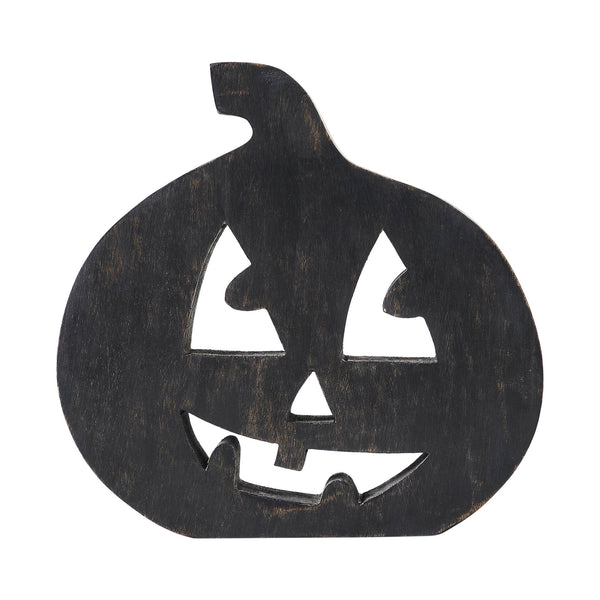 Black Wood Jack O Lantern Halloween Decor Spooky Fall Tabletop Accent Modern Farmhouse Home Display 8.25 Inch Tall