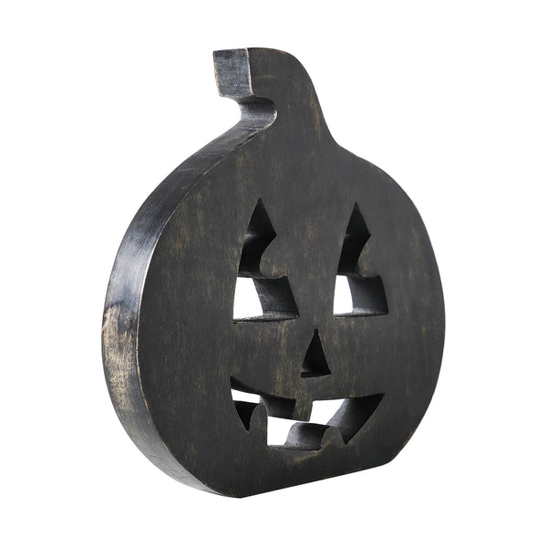 Black Wood Jack O Lantern Halloween Decor Spooky Fall Tabletop Accent Modern Farmhouse Home Display 8.25 Inch Tall