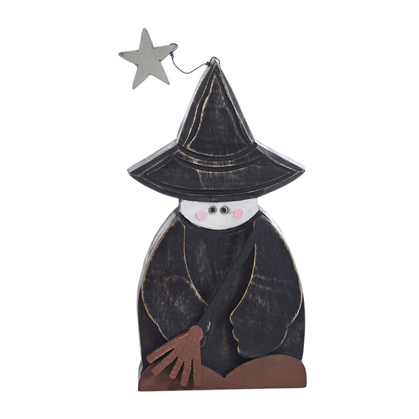 Halloween Rustic Wooden Witch Figurine with Broom Fall Tabletop Seasonal Decor 10x5.5x1.5