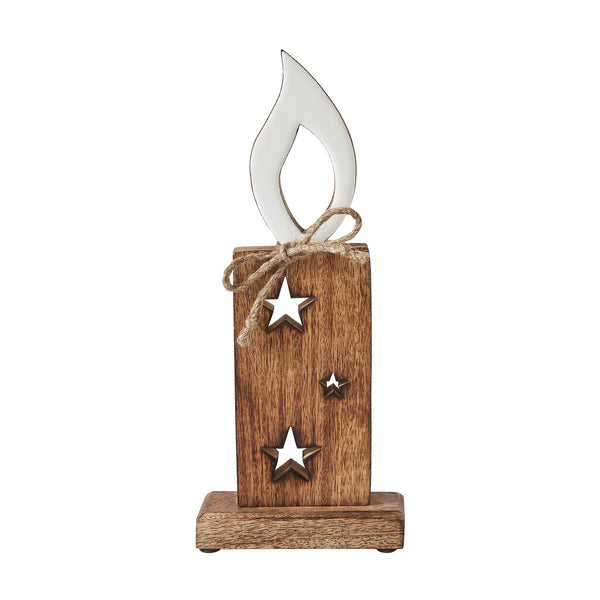 White Flame Natural Candle w/ Stars Wooden Figurine 12x5x2