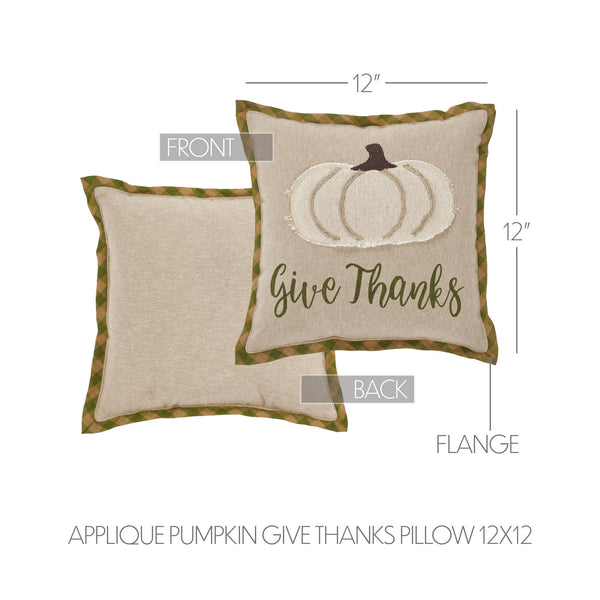 Fall Thanksgiving Harvest Applique Pumpkin Give Thanks Decorative Throw Pillow 12x12 Autumn Seasonal Home Accent Cushion