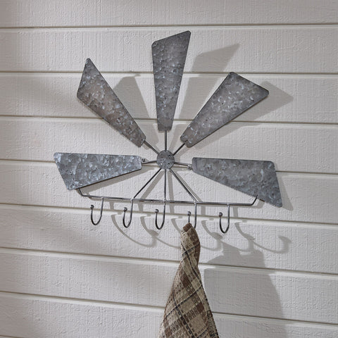 Galvanized windmill multi hook wall decor with rustic metal finish for farmhouse entryway or kitchen storage