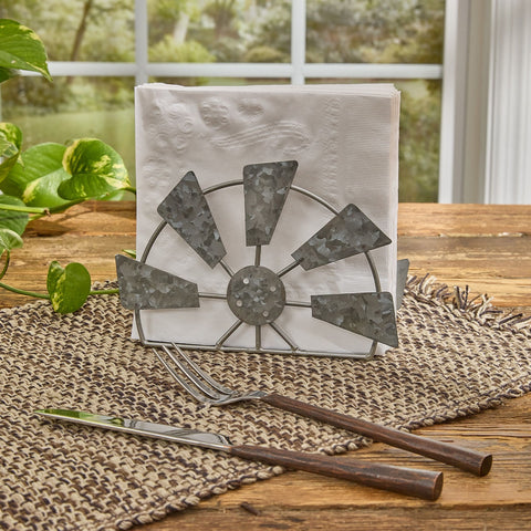 Rustic windmill napkin holder in weathered metal for farmhouse kitchen and dining room decor