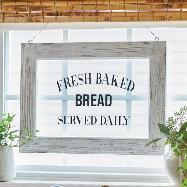 Farmhouse Framed Glass - Fresh Baked Bread will add a charming country touch to the walls of your home or bakery. Hang this wood and glass wall sign in your kitchen and display your freshly baked bread and items beneath it, or hang it over your oven space for a quick dose of inspiration.