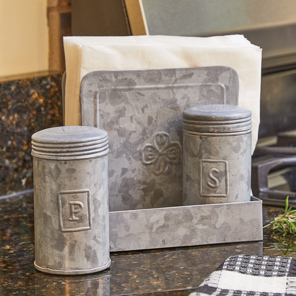 The Vintage Napkin Holder and Salt & Pepper Caddy is ideal to add to your farmhouse decor! Stylish and functional! Coordinate with the complementary canisters, bread box, and 2-tier organizer for a complete look!