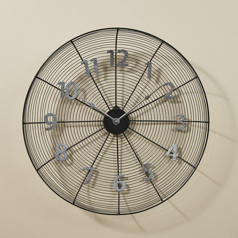 Perfect for the country farmhouse decor, this Wire Fan Cover Clock will fit with any color scheme! Pretty and fun! This exclusively designed wall clock Measures 20" x 20", and is perfect for adding design and depth to your wall
