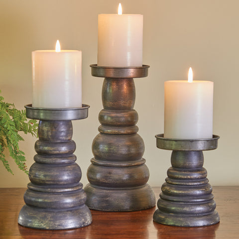 Set of 3 Wood/Galvanized Pillar Holders