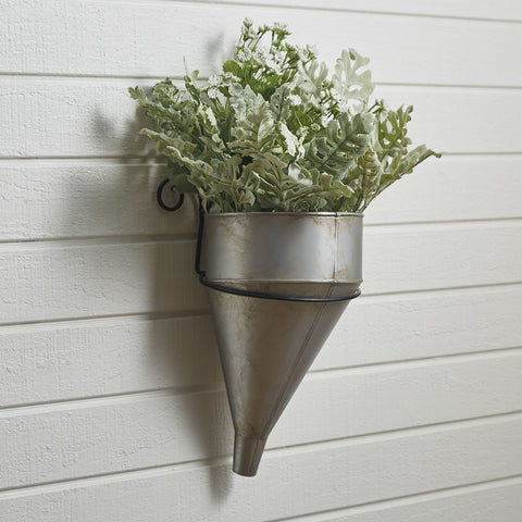 Funnel Wall Pocket with Iron Bracket DIMENSIONS: 10"H X 8.5"W X 4.5"D Greenery not included