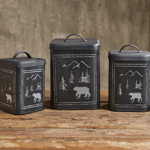 Featuring beautiful wildlife scenes, the Black Bear Canisters are a great way to bring a touch of the outdoors to your table or anywhere in your home! Great for indoors or outdoors! Add to this rustic look with the Black Bear Lampshade and Waste Basket!