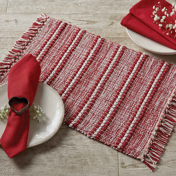 Peppermint Stripe Placemat will add to the charm of your holiday kitchen table decor. Woven with strands of red, white and green to accent the colors of the season.