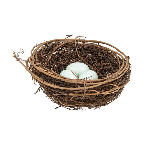 5.5" Twig Vine Bird Nest with Blue Eggs is a twig bird nest with three foam robin eggs. Nest looks great on tabletops, trays, and other flat surfaces and it measures 2.5" high by 5.5" in diameter.