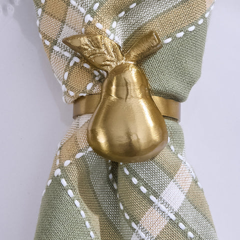 Set of 6 golden pear napkin rings from Park Designs. Each ring is approx. 2" x 2" with a warm metallic finish—perfect for everyday and holiday tables.