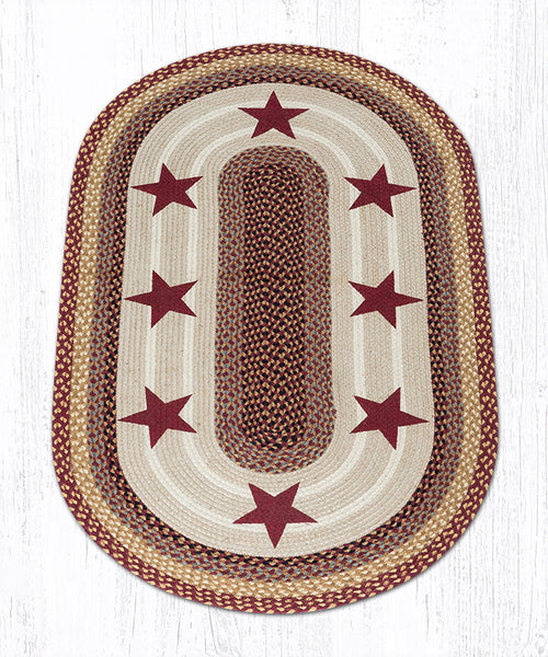 OP-357 Burgundy Stars Oval Patch 3'x5' Burgundy, warm tan, black, and natural jute brown