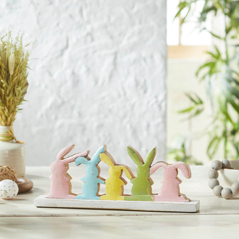Bunny Hop Rustic Wooden Bunny Silhouette Shelf Sitter - Set of 5 Connected Easter Rabbits - Distressed White Spring Decor - 4.75x12x2