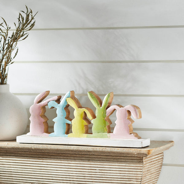 Bunny Hop Rustic Wooden Bunny Silhouette Shelf Sitter - Set of 5 Connected Easter Rabbits - Distressed White Spring Decor - 4.75x12x2