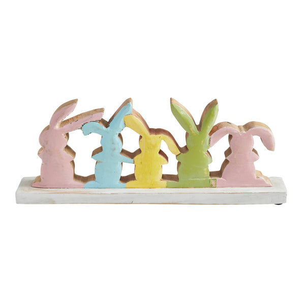 Bunny Hop Rustic Wooden Bunny Silhouette Shelf Sitter - Set of 5 Connected Easter Rabbits - Distressed White Spring Decor - 4.75x12x2