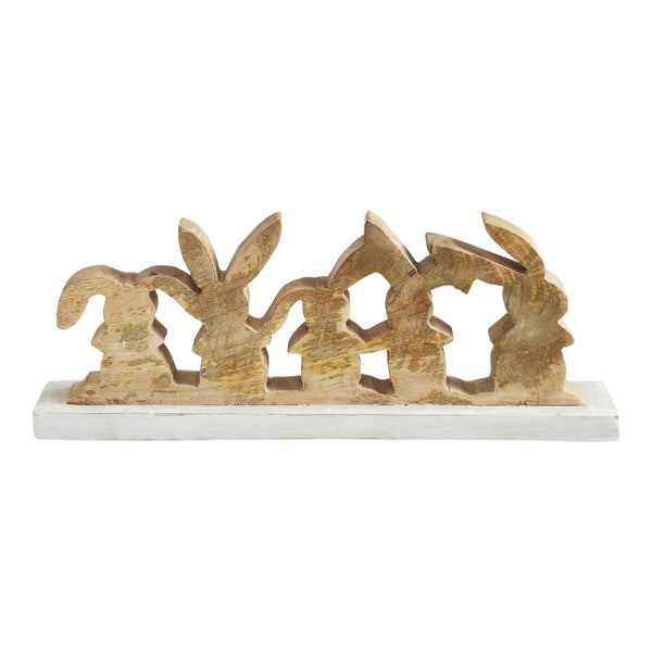 Bunny Hop Rustic Wooden Bunny Silhouette Shelf Sitter - Set of 5 Connected Easter Rabbits - Distressed White Spring Decor - 4.75x12x2