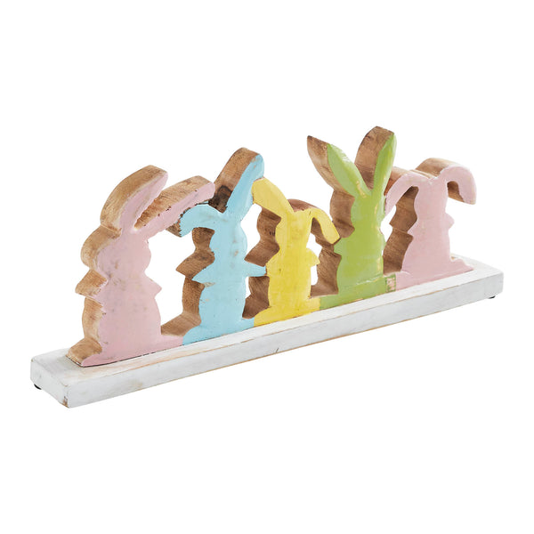 Bunny Hop Rustic Wooden Bunny Silhouette Shelf Sitter - Set of 5 Connected Easter Rabbits - Distressed White Spring Decor - 4.75x12x2