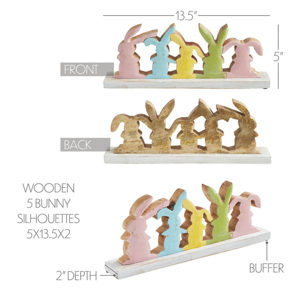 Bunny Hop Rustic Wooden Bunny Silhouette Shelf Sitter - Set of 5 Connected Easter Rabbits - Distressed White Spring Decor - 4.75x12x2