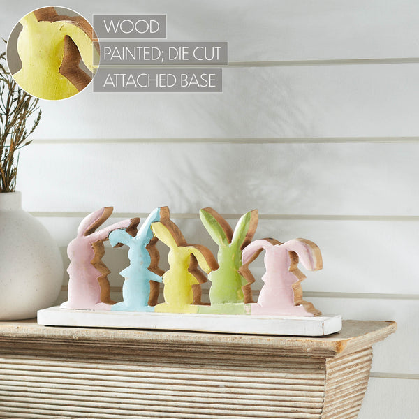 Bunny Hop Rustic Wooden Bunny Silhouette Shelf Sitter - Set of 5 Connected Easter Rabbits - Distressed White Spring Decor - 4.75x12x2