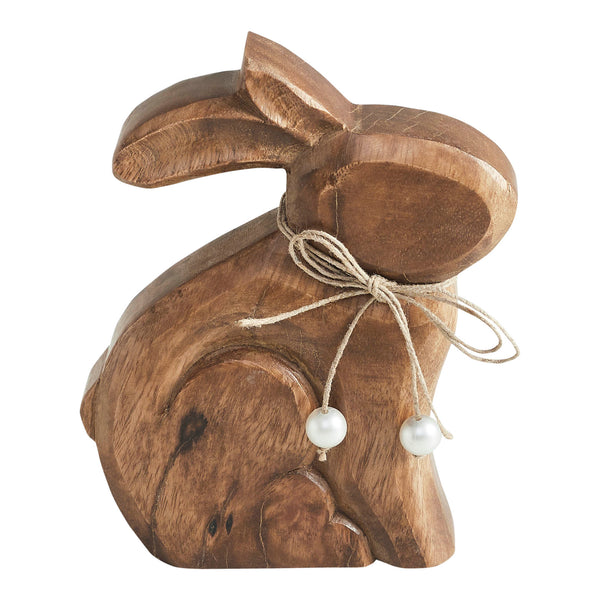 Bunny Hop Natural Wooden Sitting Bunny with Pearl Bead Collar - Rustic Farmhouse Easter Shelf Sitter - 6x7.25x1.5