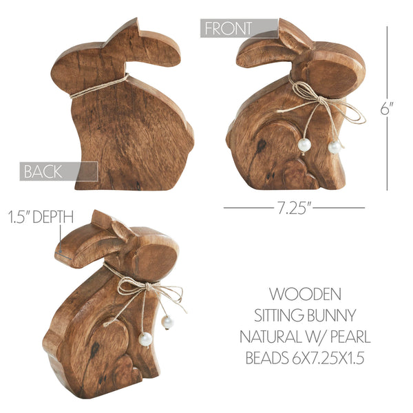 Bunny Hop Natural Wooden Sitting Bunny with Pearl Bead Collar - Rustic Farmhouse Easter Shelf Sitter - 6x7.25x1.5