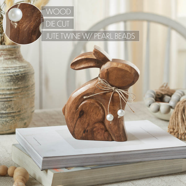 Bunny Hop Natural Wooden Sitting Bunny with Pearl Bead Collar - Rustic Farmhouse Easter Shelf Sitter - 6x7.25x1.5