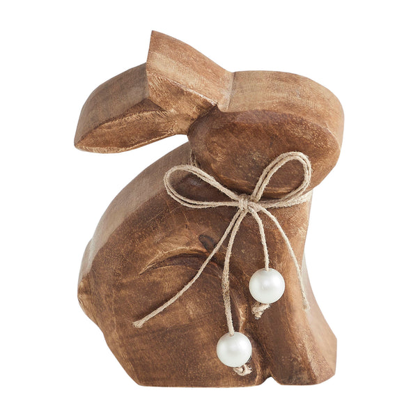 Bunny Hop Small Natural Wooden Sitting Bunny with Pearl Bead Collar - Rustic Farmhouse Easter Shelf Decor - 4.25x5.5x1.5