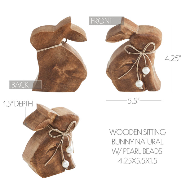 Bunny Hop Small Natural Wooden Sitting Bunny with Pearl Bead Collar - Rustic Farmhouse Easter Shelf Decor - 4.25x5.5x1.5
