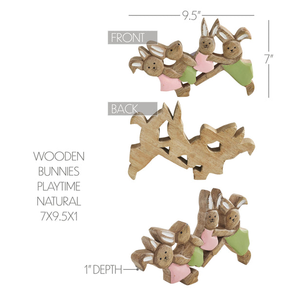 Bunny Hop Wooden Bunny Playtime Foursome - Natural Mango Wood Rustic Easter Decor - Freestanding Shelf Sitter - 7x9.5x1