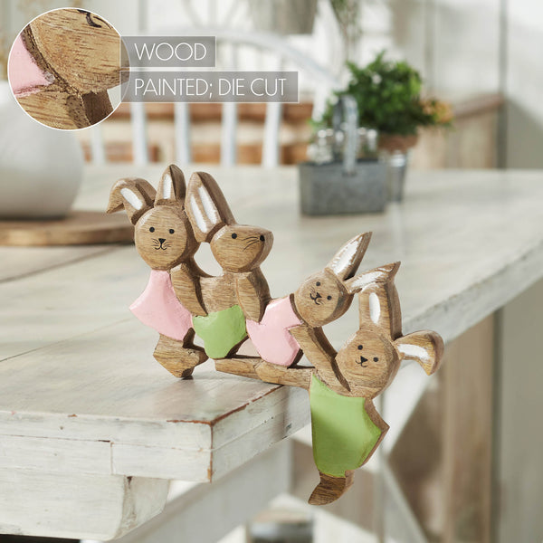 Bunny Hop Wooden Bunny Playtime Foursome - Natural Mango Wood Rustic Easter Decor - Freestanding Shelf Sitter - 7x9.5x1