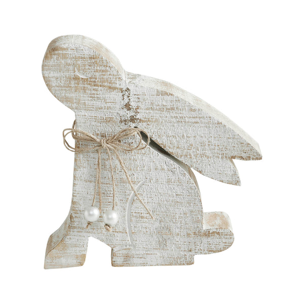 Bunny Hop Natural Wooden Sitting Bunny Looking Up - Pearl Bead Collar Easter Shelf Decor - 7.5x6.25x1.5