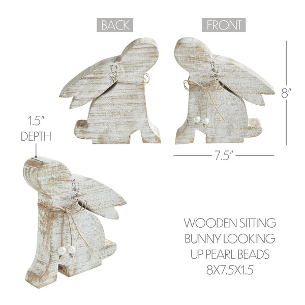 Bunny Hop Natural Wooden Sitting Bunny Looking Up - Pearl Bead Collar Easter Shelf Decor - 7.5x6.25x1.5