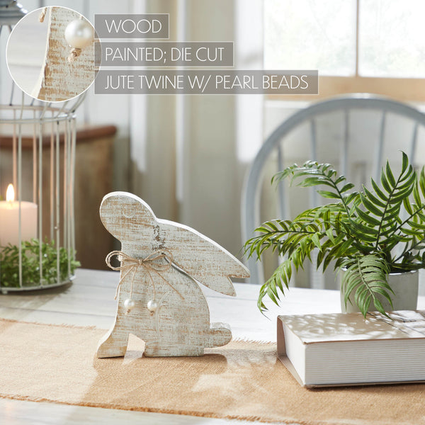 Bunny Hop Natural Wooden Sitting Bunny Looking Up - Pearl Bead Collar Easter Shelf Decor - 7.5x6.25x1.5