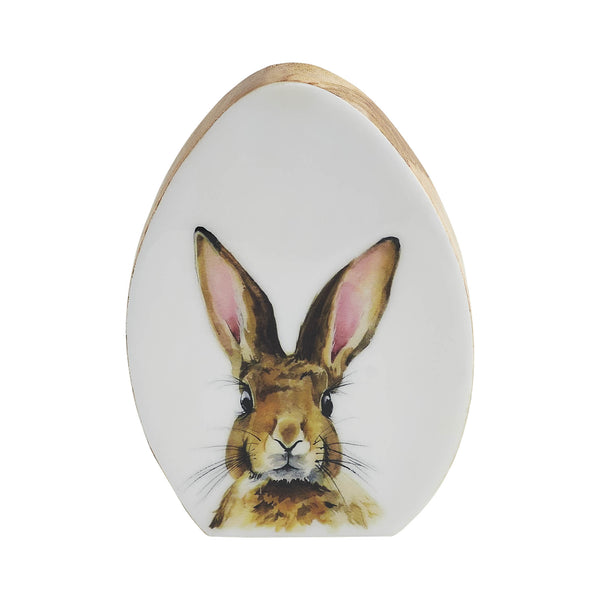 Bunny Hop Wooden Decor Egg Shape White w/ Bunny 7x5x0.75