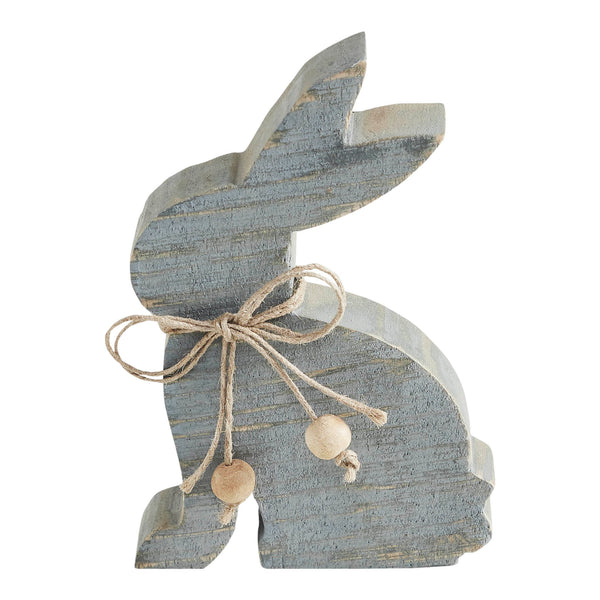 Bunny Hop Grey Wooden Sitting Bunny with Natural Bead Collar - Rustic Farmhouse Easter Decor - 6x3.75x1