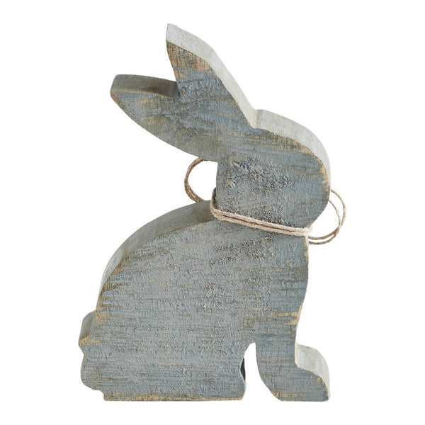 Bunny Hop Grey Wooden Sitting Bunny with Natural Bead Collar - Rustic Farmhouse Easter Decor - 6x3.75x1