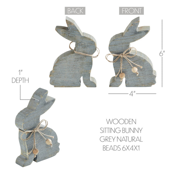 Bunny Hop Grey Wooden Sitting Bunny with Natural Bead Collar - Rustic Farmhouse Easter Decor - 6x3.75x1