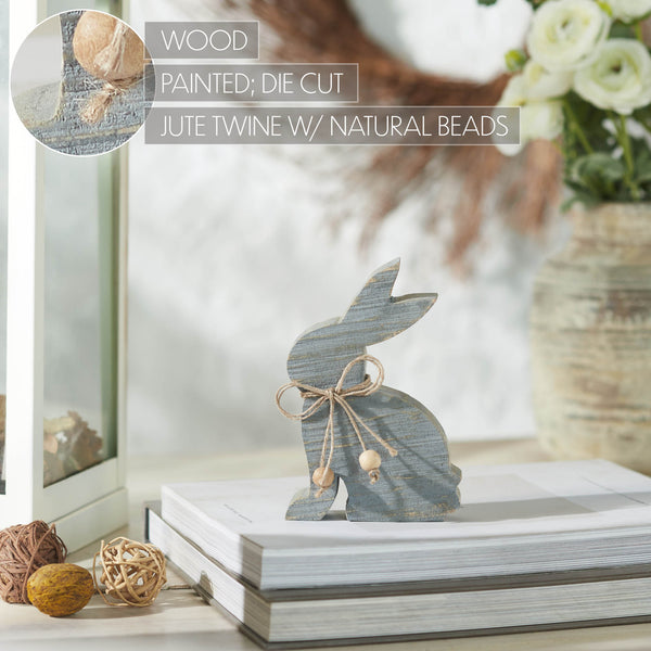 Bunny Hop Grey Wooden Sitting Bunny with Natural Bead Collar - Rustic Farmhouse Easter Decor - 6x3.75x1