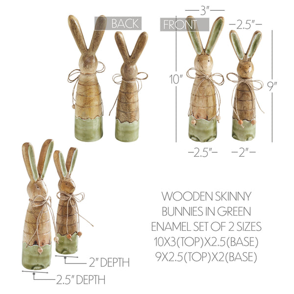 Bunny Hop Skinny Wooden Bunny Duo - Green Enamel Finish - Rustic Spring Easter Shelf Sitter Set - Set of 2 Sizes