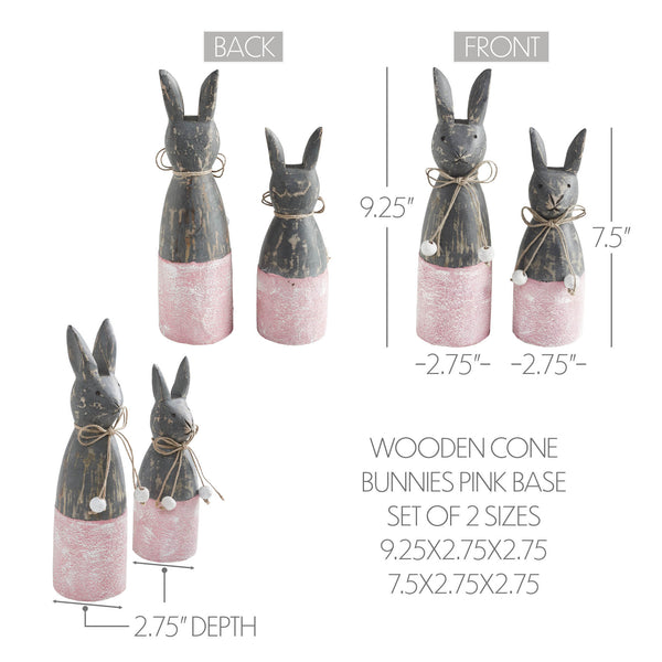 Spring In Bloom Wooden Cone Bunnies w/ Pink Base Set of 2 Sizes