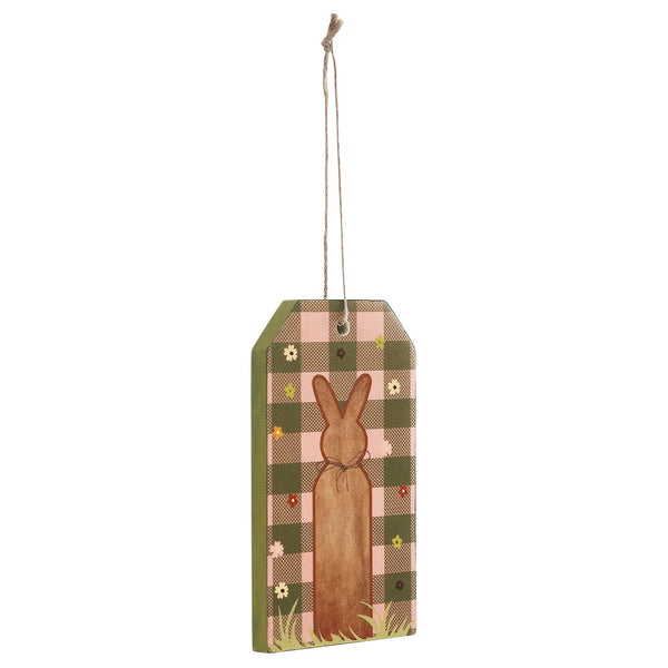 Bunny Hop Bunny on Moss Green Check MDF Tag Ornament w/ Twine 5.6x3x0.5
