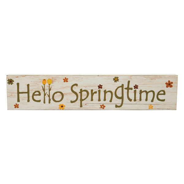 Spring In Bloom Hello Springtime w/ Flowers MDF Wall Sign 3x14x0.75