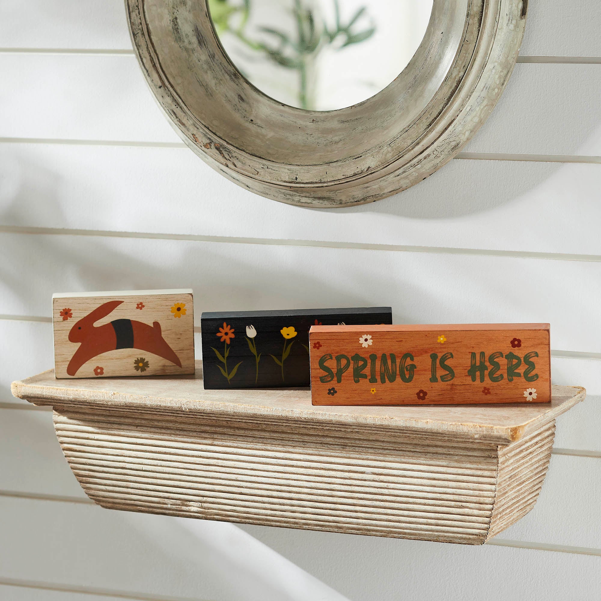 Spring In Bloom Spring Is Here Bunny Leap w/ Flowers MDF Block Sign Se ...