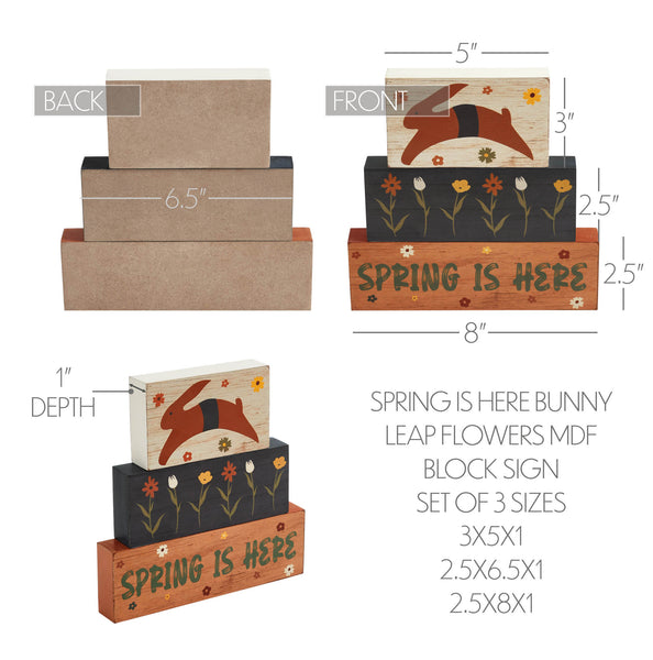 Spring In Bloom Spring Is Here Bunny Leap w/ Flowers MDF Block Sign Se ...