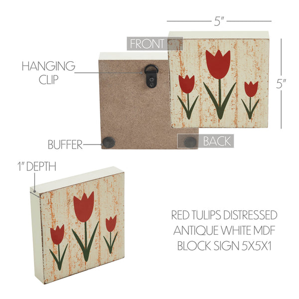 Spring In Bloom Red Tulips Distressed Antique White MDF Block Sign 5x5x1