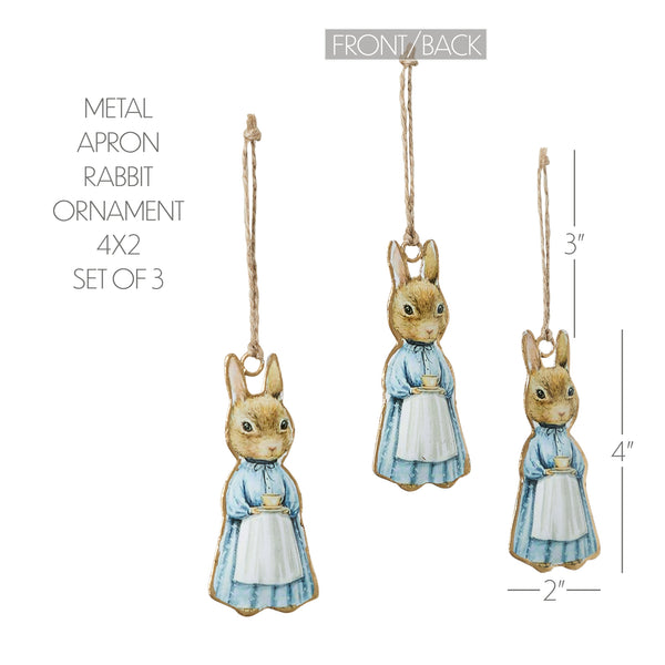 Bunny Hop Metal Apron Rabbit Ornament Set of 3 4x2