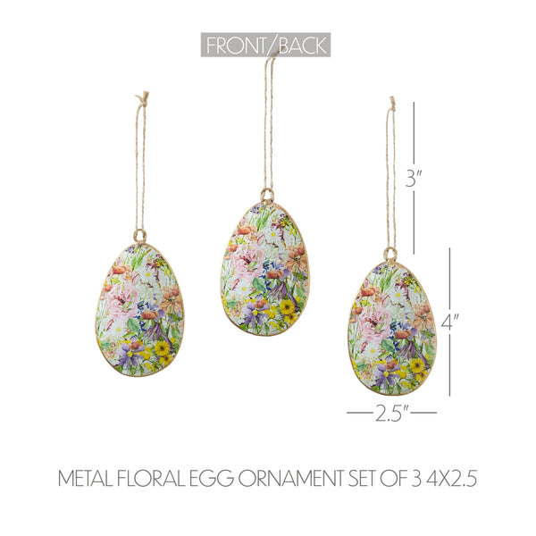 Spring In Bloom Metal Floral Egg Ornament Set of 3 4x2.5