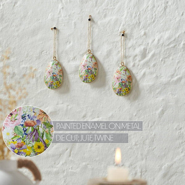 Spring In Bloom Metal Floral Egg Ornament Set of 3 4x2.5