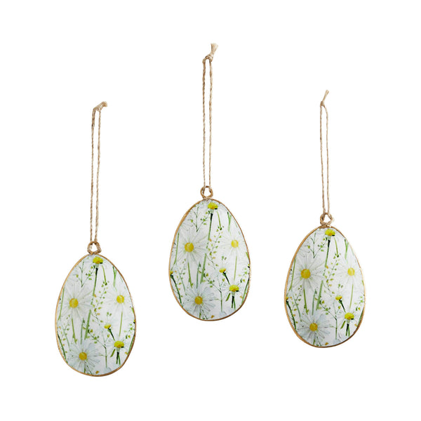 Spring In Bloom Metal Daisies Egg Ornament Set of 3 4x2.5